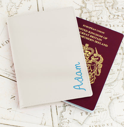 Personalised Blue Name Cream Passport Holder