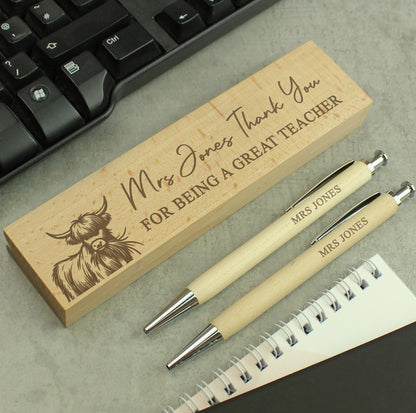 Personalised Highland Cow Wooden Pen & Pencil Set